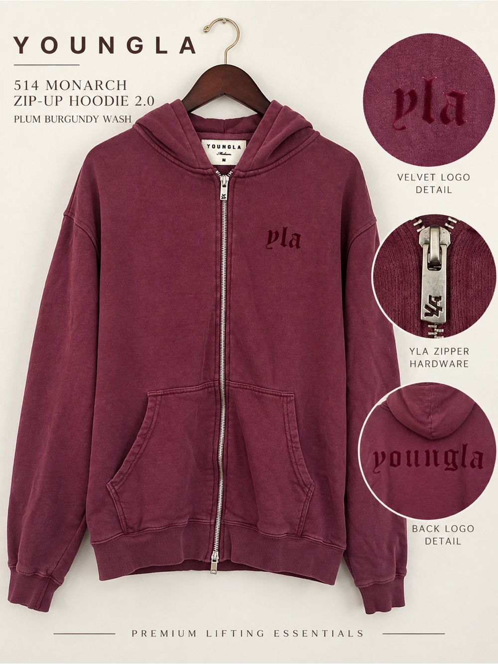 YoungLA 514 Monarch Zip-Up Hoodie 2.0 Plum Burgundy Wash M